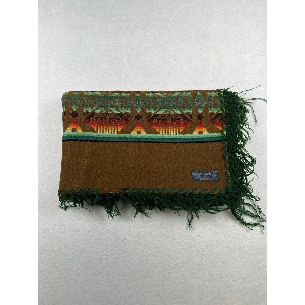 Vintage‎ Pendleton Wool Beaver State Aztec Blanket Throw Shawl Brown Green 60x66